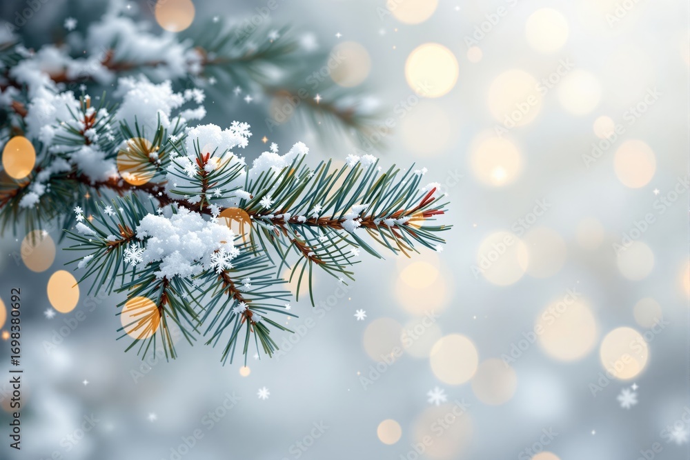 Poster snowy fir tree branch with soft snowflakes and glowing bokeh lights, soft-focused background, winter