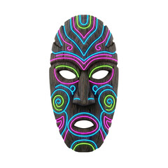 Striking tribal mask with vibrant neon accents creates an electrifying, modern cultural statement.