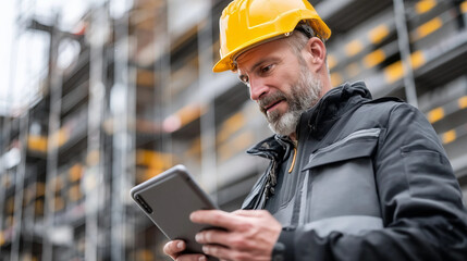 Worker with Tablet: A focused worker, equipped with a protective hardhat, intently examines a tablet, set amidst an industrial setting.