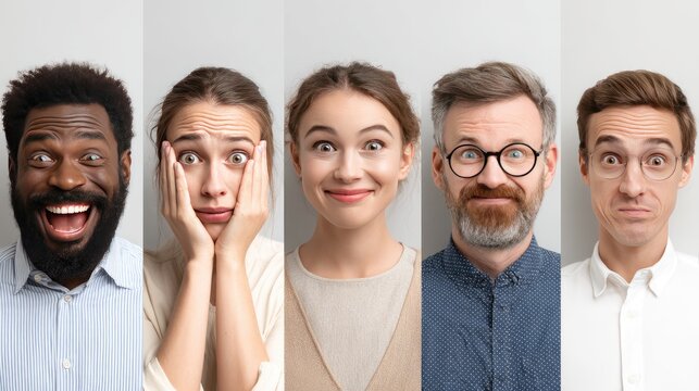A group of five people with different facial expressions: some are shocked, some are laughing, and some are serious.