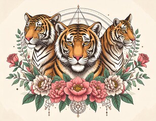Three tigers framed by flowers and geometric designs