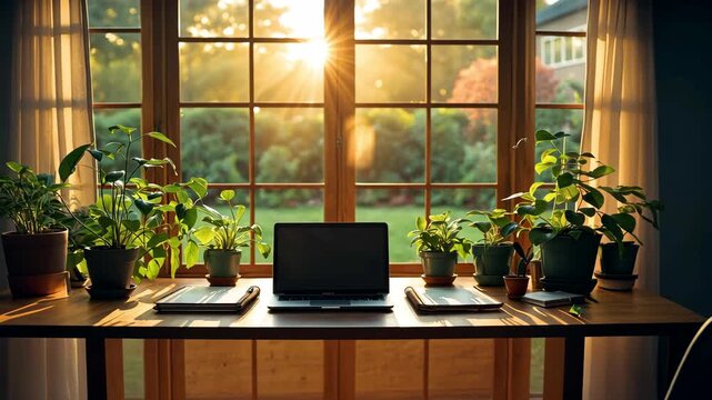Home Office Desk with Laptop Plants and Sunlight Window Creating Cozy Workspace Environment