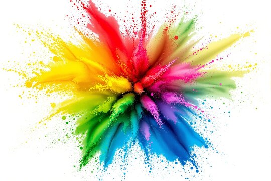 Multicolor powder explosion forming radial abstract splash on white background, vibrant artistic concept for creative color burst background. Ai generative
