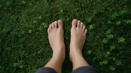 Person practicing mental health grounding exercises barefoot on grass, mental health, grounding therapy, nature emotional wellness, barefoot mindfulness.