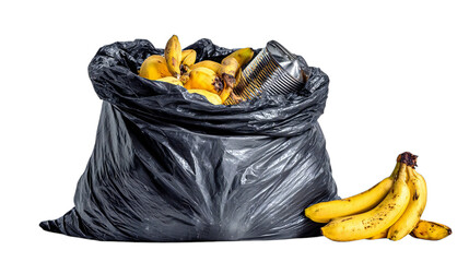 Full black garbage bag brimming with overripe bananas and a crushed tin can, symbolizing waste and decomposition, ready for disposal