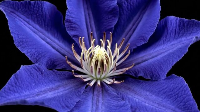 Closeup of a violetcolored clematis flower with prominent stamens against a dark background