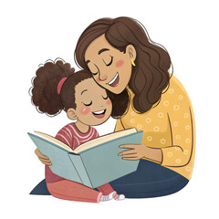 Mother and Daughter Reading Book Together, Loving Family Moment on transparent background