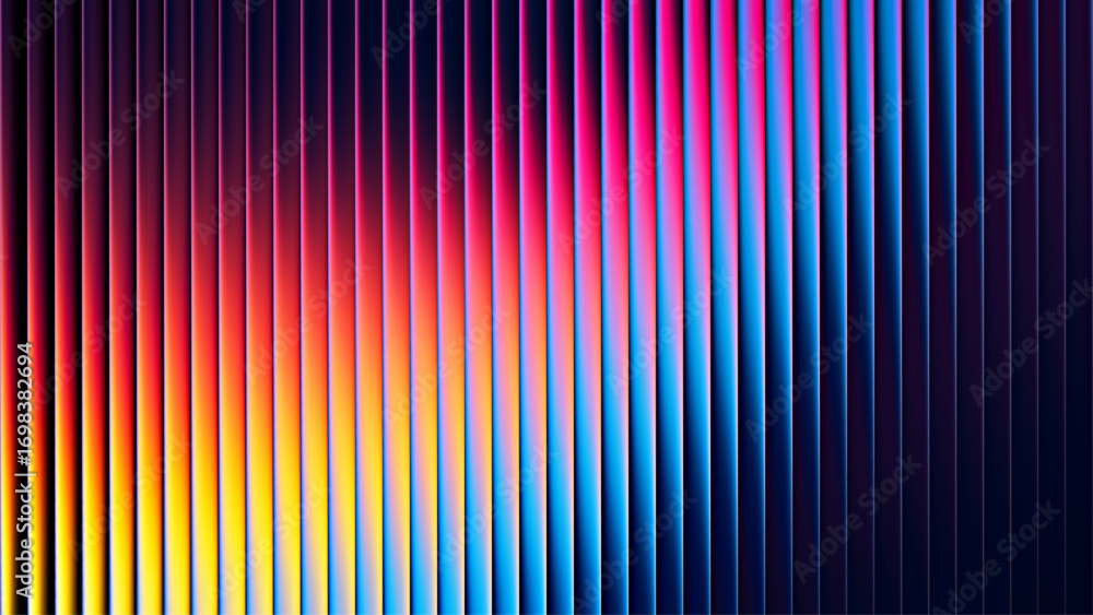Poster futuristic ribbed texture with fractal glass effect and smooth fluted vertical lines of rainbow neon