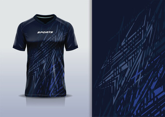 T-shirt mockup with abstract stripe line sport jersey design for football, soccer, racing, esports, running, in blue gray black color © Nimpuna O