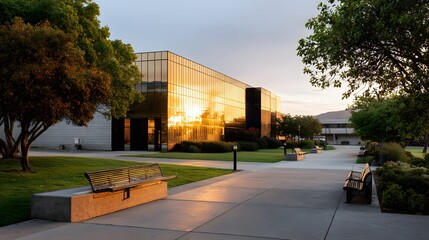 Modern Architectural Building Reflecting Golden Sunset in Urban Park Setting