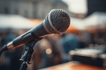 Professional microphone on stand ready for public speaking or performance.