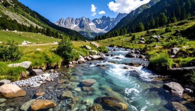 Serene mountain stream winding through lush valley - Powered by Adobe