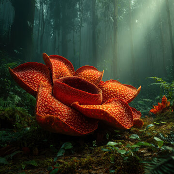 giant rafflesia flower in rainforest, vivid colors, botanical photography, misty background, realistic details, ultra HD