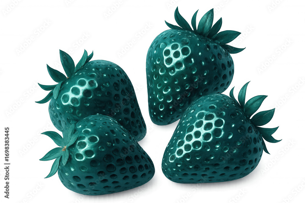 Poster four shiny teal strawberries with green leaves are displayed on a transparent background, creating a