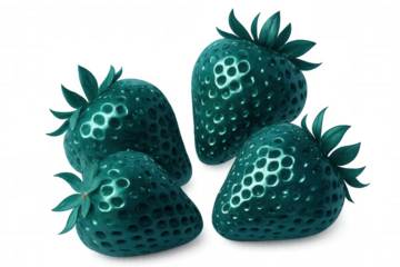 Four shiny teal strawberries with green leaves are displayed on a transparent background, creating a vibrant and unusual visual