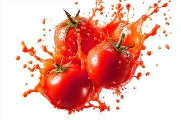 Fresh ripe tomatoes with splash of juice isolated on white background, organic vegetable and healthy food concept