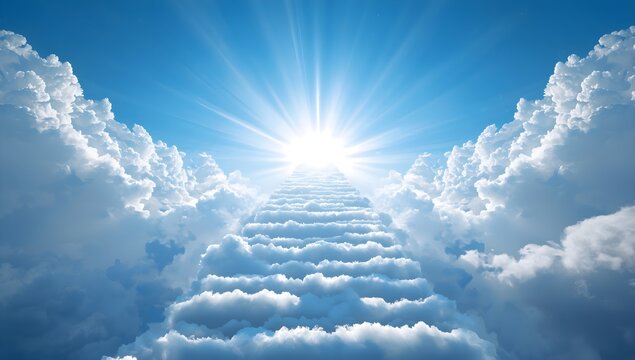 Heavenly stairway ascending towards bright light surrounded by fluffy clouds serene spiritual journey path to paradise celestial destination