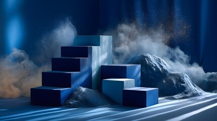 Abstract Composition of Geometric Blue Staircase with Particles and Fog in Dramatic Lighting