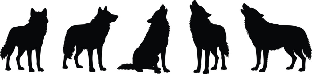 Wild wolf silhouette collection, howling wolves, sitting and standing wolf illustrations, black animal shapes, forest wildlife, predator vector graphics