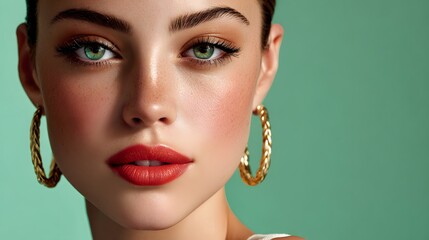 Closeup Portrait of an Elegant Woman with Green Eyes and Bold Makeup Against a Soft Background