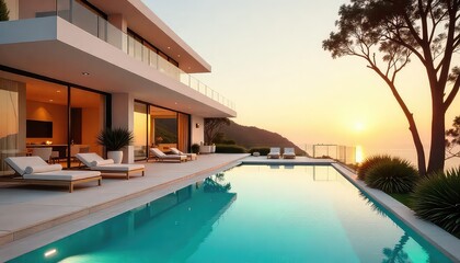 Luxury villa with pool overlooking the ocean at sunset featuring deck chairs and modern architecture