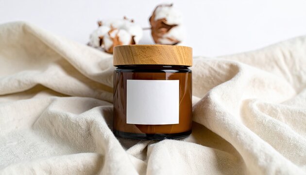 Brown Ceramic Candle Jar on Linen Fabric with Cotton Flowers