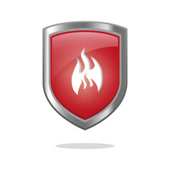Security shield illustration. Fire protection emblem. Safety defense symbol. Vector glossy sign.