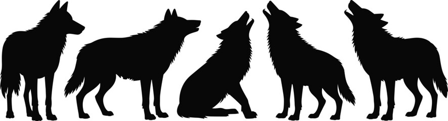 Wolf silhouette collection, wild wolves, howling wolf illustrations, vector wolf set, black animal shapes, forest wildlife art, nature predator graphics
