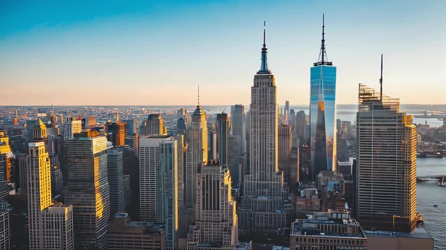 aerial view of New York City skyline during sunset with Iconic buildings and skyscrapers