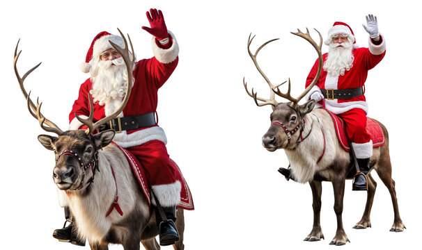 santa claus waving while riding a reindeer