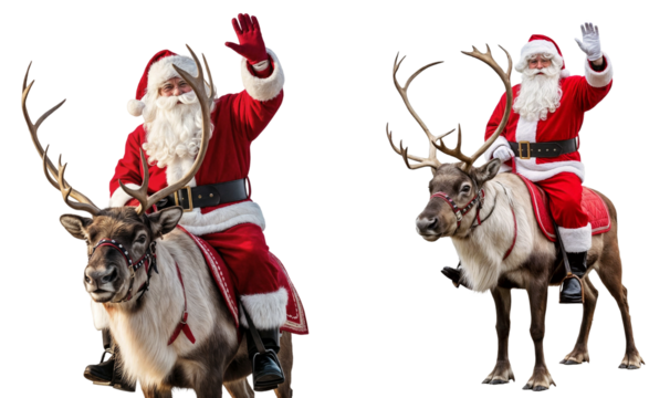 santa claus waving while riding a reindeer