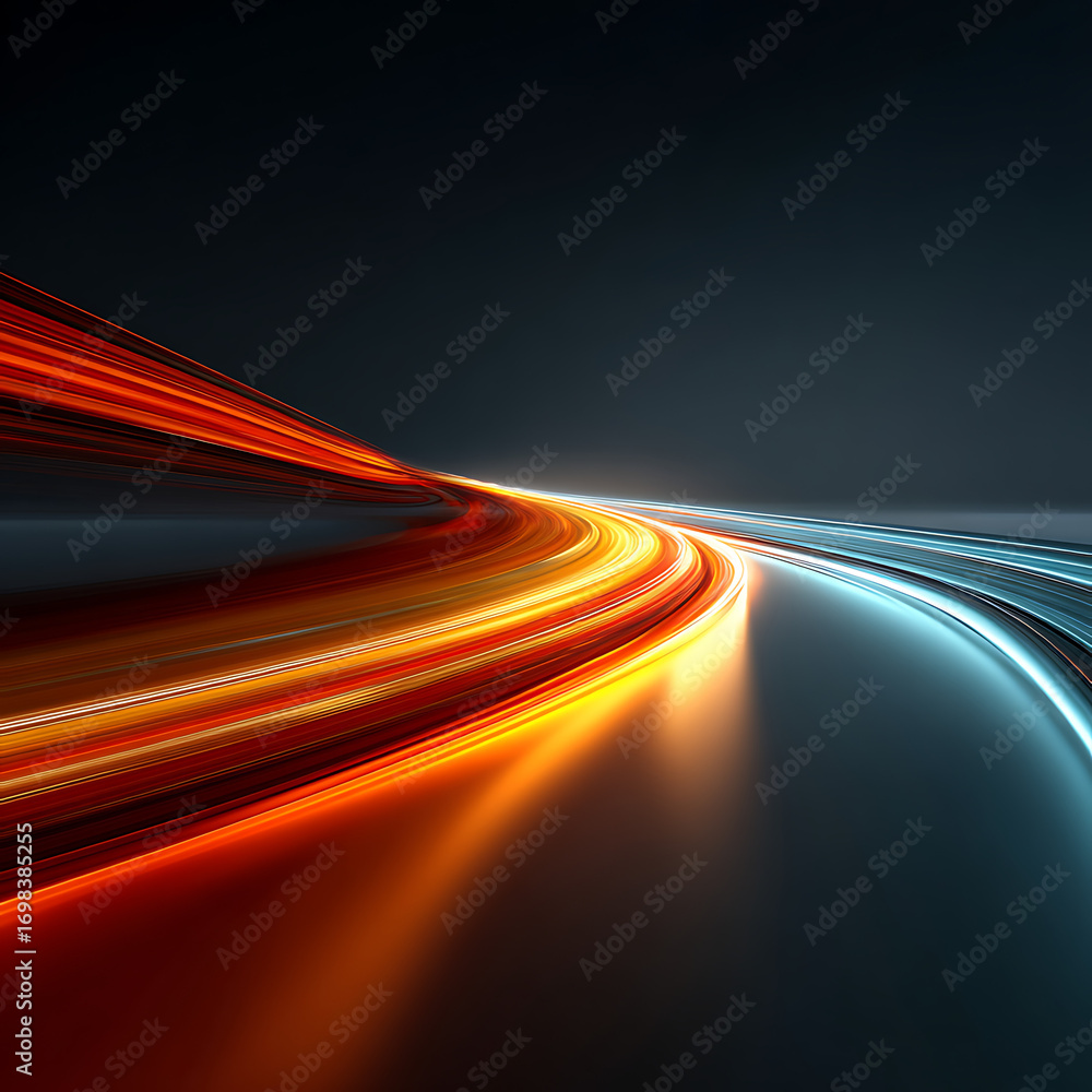 Poster vibrant light trails in glowing shades of orange and blue streak across a dark, reflective surface, 