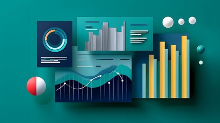 Obraz premium Dynamic Data Visualization with Charts and Graphs on a Teal Background Featuring Business Insights