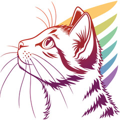Stylized cat portrait with rainbow stripes background