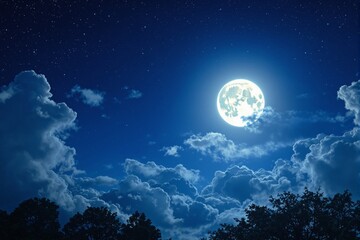 Full moon glowing in a deep starry sky with dramatic clouds and tree silhouettes, in a dreamy creative style, on a peaceful night sky background. Ai generative