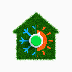 House with green leaves and thermostat controller warm and cold. House heating regulator. Isolated on a white background. Vector illustration