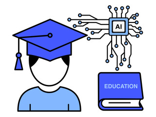 AI in education concept. A student with a graduation cap, an AI chip, and an "Education" book, symbolizing the integration of artificial intelligence into learning and future skills.
