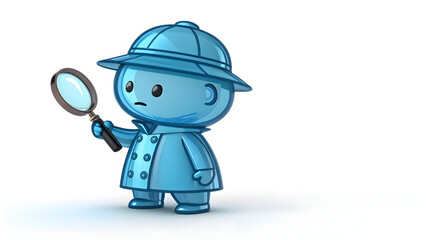 Cute 3D blue cartoon detective with magnifying glass and coat in glossy glass style isolated on white background
