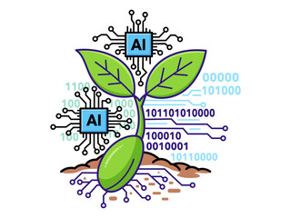AI in agriculture. A plant with circuit board leaves and AI chips, symbolizing the use of artificial intelligence to boost crop growth and analyze data in smart farming.