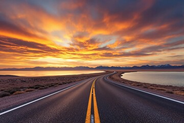 Curved asphalt road through desert by lake at sunset with vivid orange clouds, distant mountain range and dramatic sky, scenic background concept. Ai generative