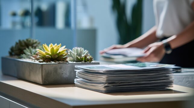 Contemporary human resources environment with frosted glass walls a focused specialist digitally sorting resumes onboarding paperwork stacked methodically near decorative