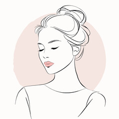 Minimalist line art illustration of a young woman with closed eyes and hair in bun, stylish feminine portrait ideal for fashion, beauty, or lifestyle design
