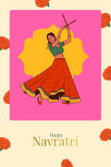 Navratri festival celebration, Garba Night Poster design template with Indian woman celebrating, dancing the garba dance 