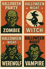 Obraz premium Set of Vintage Halloween Posters – Zombie, Witch, Werewolf, Vampire Illustrations