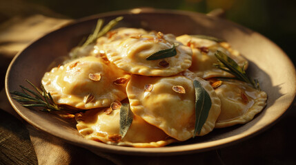 Golden pumpkin ravioli with crispy garlic and sage leaves on a rustic wooden plate in warm sunlight