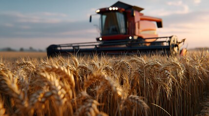 Golden Wheat Field at Sunset with Combine Harvester in Agricultural Landscape