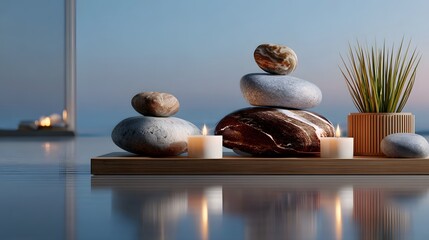 Serene Still Life Decor with Stones Candles and Green Plant at Twilight by Calm Water Surface
