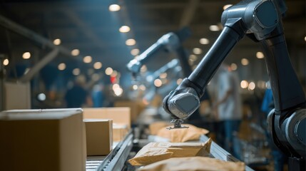 Collaborative robots working side by side with human workers focusing on the advanced robotic arm efficiently moving inventory while the surroundings remain softly out of focus.