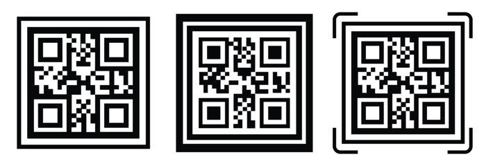 Fototapeta premium Minimalist QR code scanner icon set featuring three black and white variations with scan frames and mobile scanning concept. Clean flat vector symbols for apps, payment, barcode, technology, and UI de