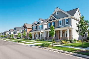 Suburban street with modern family houses, clean architectural style, bright daylight background, concept of residential living and community. Ai generative